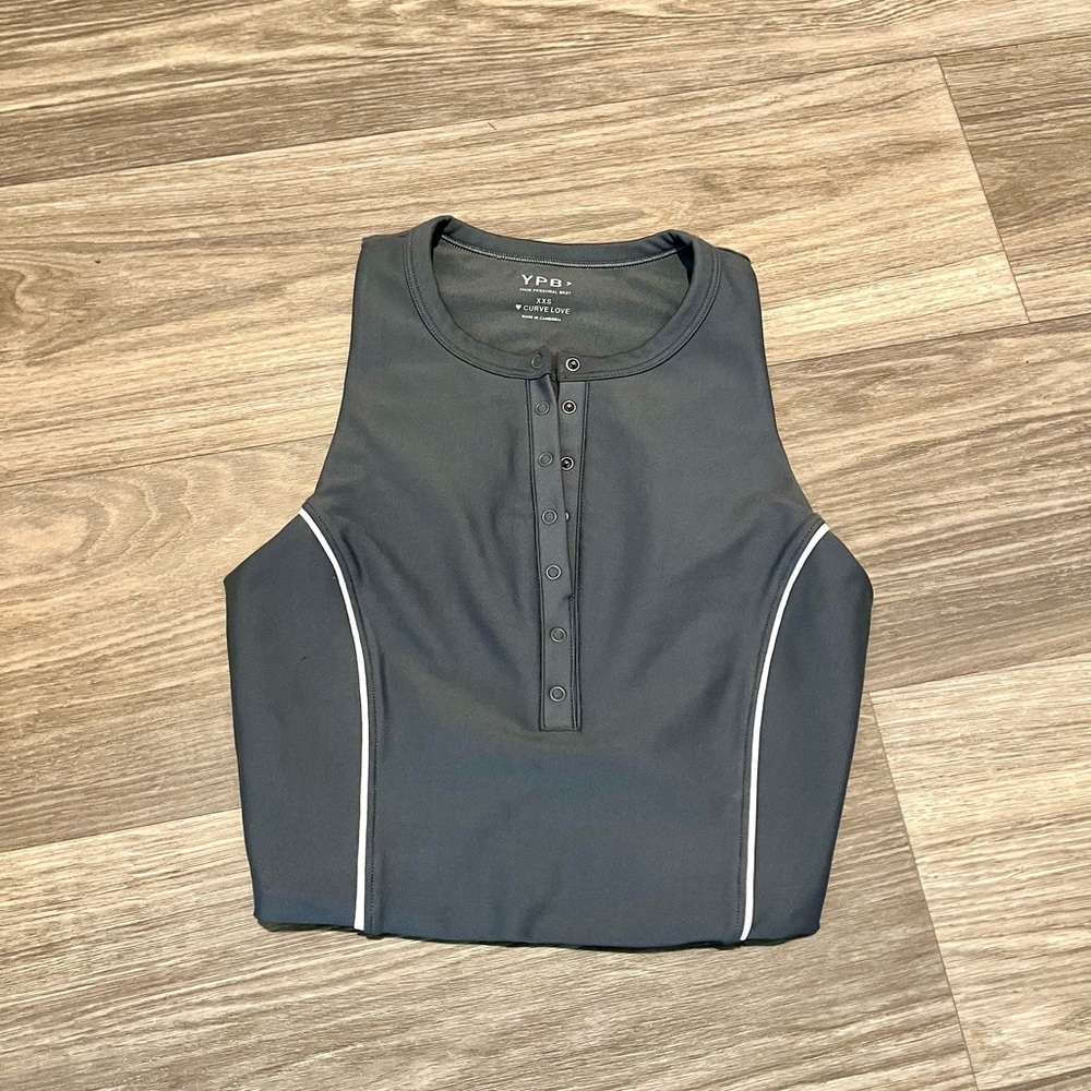 Abercrombie & Fitch Black Racerback Snap-Front Crop Top with White Piping